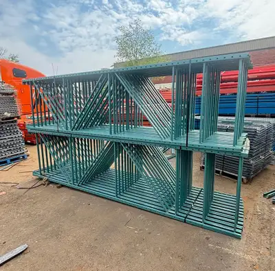 USED REDIRACK STYLE PALLET RACKING 14' tall x 42" deep uprights 8' long x 4" thick beams 9' long x 4...