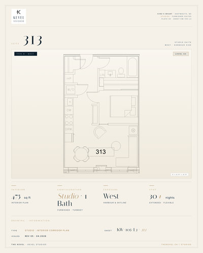 1 Bedroom Suite · 475 sq ft Kevel Studios — Suite 313 Furnished, turnkey residence at 16 Kings Wharf...