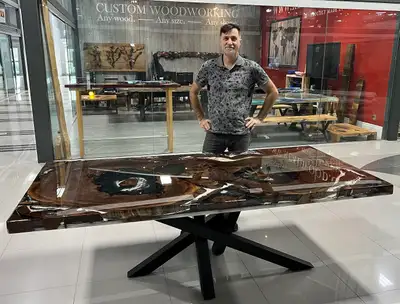 Table with live edges and epoxy river, View more