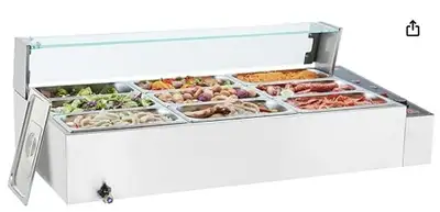 Electric Steam Table with Glass Cover Nine 5QT (5.6l) pans 1500W Countertop Stainless Steel Buffet B...