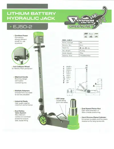 RECHARGE LITHIUM BATTERY HYDRAULIC JACK 50 TON 3 STAGE 36V CORDLESS POWER - ELLIPTICAL HANDLE - MULT...