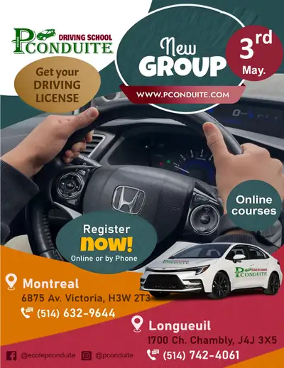 Register at PCONDUITE online at www.pconduite.com or by phone on 514-632-9644 (branch Montreal: 6875...