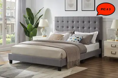 GUELPH BED - GREY COLOUR TUFFTED LINEN FABRIC BED FOR $279 ONLY, View more