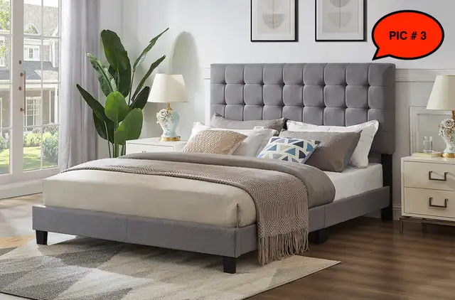 GUELPH BED - GREY COLOUR TUFFTED LINEN FABRIC BED FOR $279 ONLY