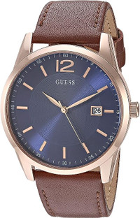GUESS Men's Brown + Blue Genuine Leather Watch with Date