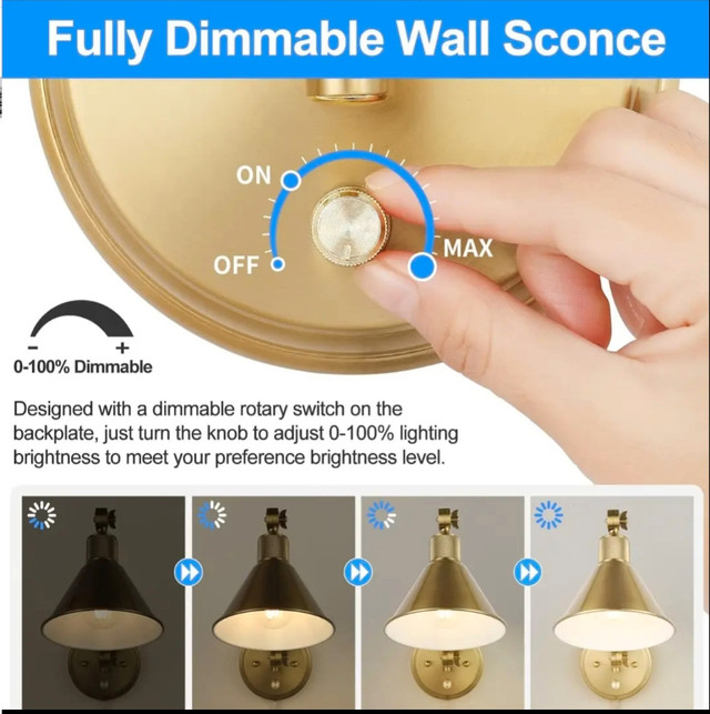 TRLIFE Plug in Wall Sonce, Dimmable Wall Sconce Brushed Brass Sw in Indoor Lighting & Fans in Gatineau - Image 2