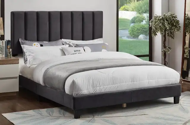 KINGSTON BED - GREY TUFTED LINEN STYLE PLATFORM BED ONLY $299 in Beds & Mattresses in Kingston - Image 7