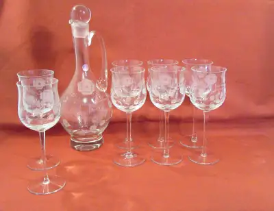 Vintage Etched Glass Decanter and 8 Glasses Set, Romania Label, View more