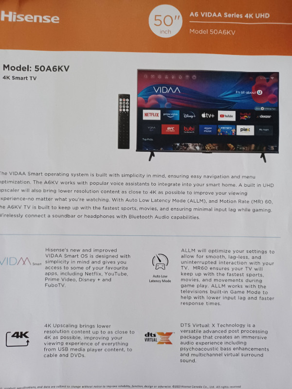 50 * SMART TV Hisense VIDAA UHD 4K dans Téléviseurs  à Ville de Montréal - Image 2