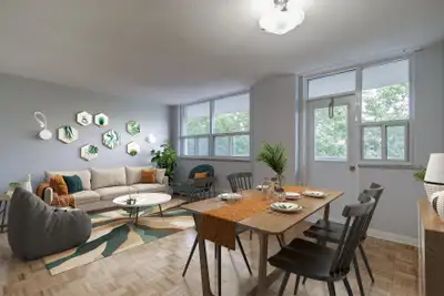 Jr 1 Bedroom apartment with expansive city or green space views. Buildings are set in a park like se...