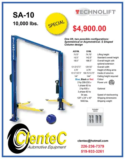 TECHNOLIFT SA-10 - $4,900 + HST 10,000 lb. 2 Post Hoist - Commercial Grade The SA-10 is our most pop...