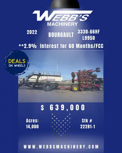 2022 BOURGAULT 3330-66HF/L9950 AIR SEEDER & TANK 66x10", HF, DS, MRB III's, 3/4" Tips, PLX Openers,...