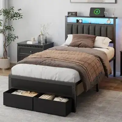 BRAND NEW - Upholstered Bed Frame with 2 Storage Drawers Twin..., View more