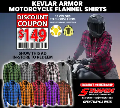 MOTORCYCLE KEVLAR SHIRT COUPON CALGARY'S #1 BIKER SHOP STAMPEDE BOOT & CLOTHING CO. SALE! Simply sna...