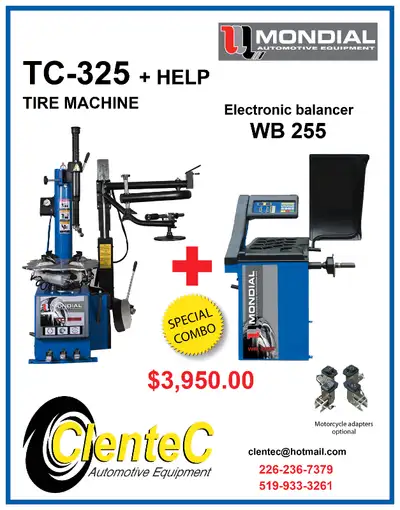 TIRE CHANGER / WHEEL BALANCER COMBO - $3,950.00 MONDIAL TC325 TIRE CHANGER with Assist Arm and MONDI...