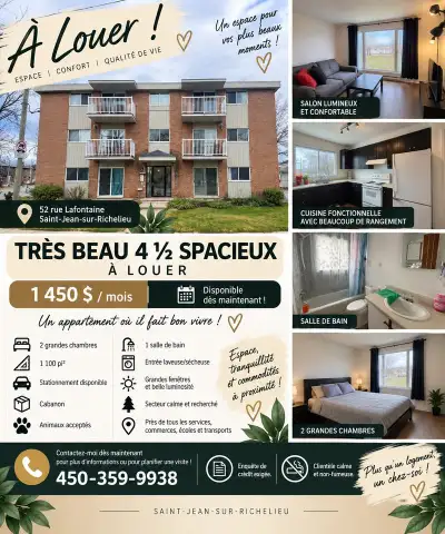 Très beau 4 ½ spacieux à louer à Saint-Jean-sur-Richelieu 52 rue Lafontaine, Saint-Jean-Sur-Richelie...