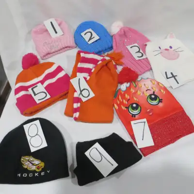 #1--pink/sparkles Daddy's Girl #2--blue #3--pink, sequins, pompom #4--Kitty face and ears #5--orange...