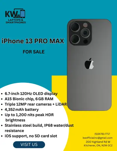 6.7‑inch 120Hz OLED display A15 Bionic chip, 6 GB RAM Triple 12MP rear cameras + LiDAR 4,352 mAh bat...