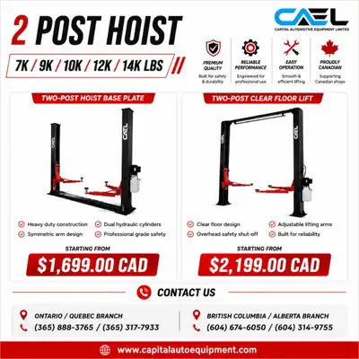 BLOWOUT SALE New 2 Post Hoist Car Lift Baseplate & Clearfloor CAEL 7.7K, 9K, 10K, 12K, 14K This heav...