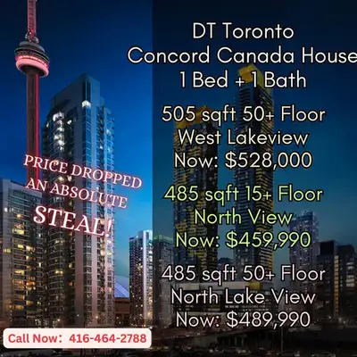 – ! Concord Canada House super high-floor 1 Bed + 1 Bath from $459k!! 505 sqft + 105 Sqft Bal: 50+ F...