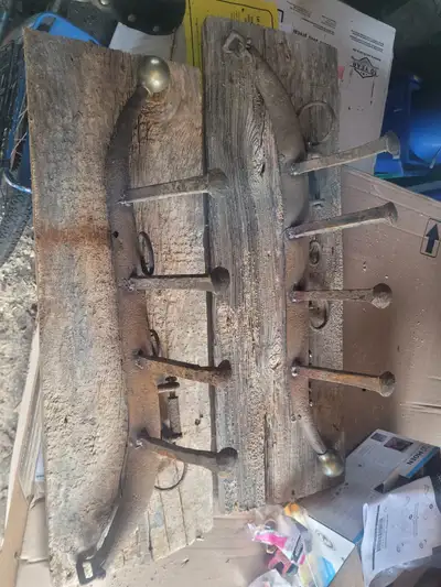 Custom coat racks Rustic Made from horse Hames, rail road spikes and barn board off my 100+yr old ba...