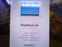 Apple MacBook Air 15.3" M2 Chip 8GB RAM 256GB SSD Starlight 2023
