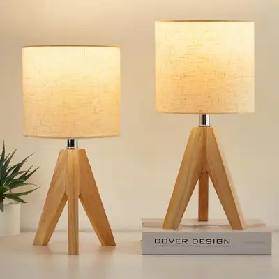 Wooden Tripod Table Lamps with Fabric Shade... BNIB LOT# 13072, View more