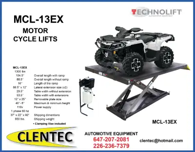 MOTORCYCLE LIFT / ATV LIFT 1300lb. MONDIAL MCL-13EX - $2700.00 + HST This lift is designed to facili...