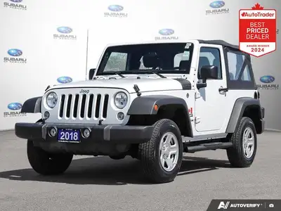 New Price! Bright White Clearcoat 2018 Jeep Wrangler JK Sport - Super Low KMs - Stereo Upgraded 4WD...