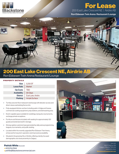 For Lease 200 East Lake Crescent NE | Airdrie AB Ron Ebbesen Twin Arena Restaurant/Lounge Turnkey se...