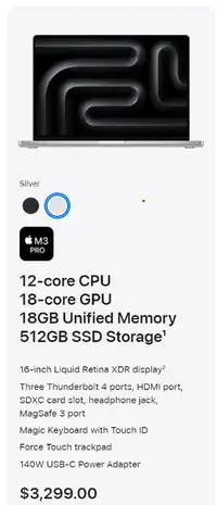 Neuf/New Macbook Pro 16" M3 Pro 18GB 512GB SSD Silver AppleCare