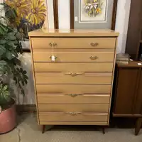 Gorgeous vintage, tan highboy dresser with gold hardware!