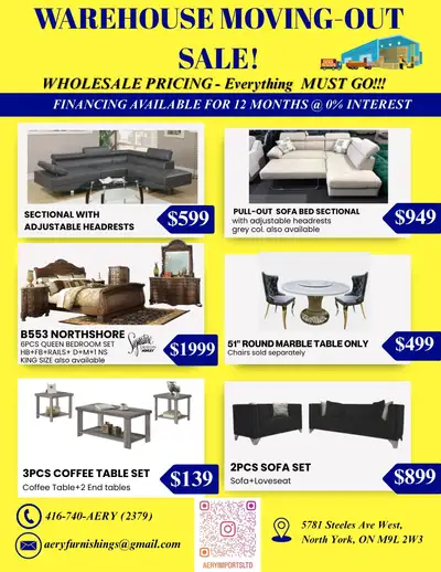 Warehouse Moving-Out Furniture Sale!!, View more