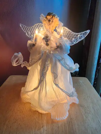 Ceramic Angel Christmas tree topper, tabletop display, or mantel display, lights, lace, solid wings
