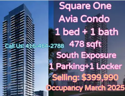 Avia Condos - Mississauga! Price Drop to $399,990! Unit: 1 Bedroom | 1 Bathroom | 478 sqft|South-fac...