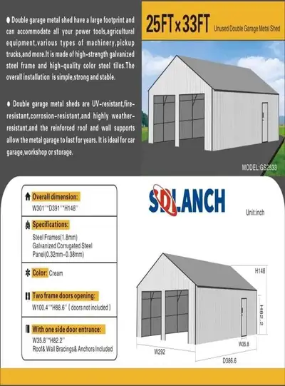 2026 SDLANCH SDL2533DGMS 25 x 33 FT DOUBLE GARAGE METAL SHED - 48 FT High, Steel Frame, Galvanized S...