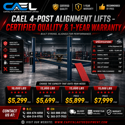 Upgrade your workshop with CAEL 4-Post Alignment Lifts, engineered for accuracy, safety, and long-la...