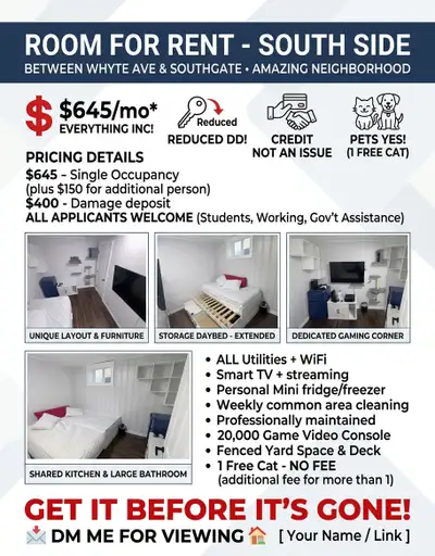 Happy Kitty Room. Single & Double Occupants • Low DD • All Util Inc • Pets • No Credit Req <> All Ut...