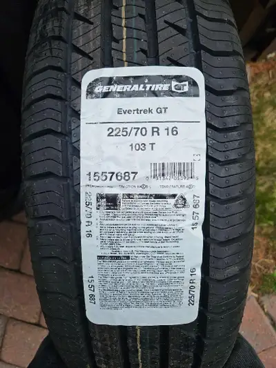 Four new tires with point of sale labels still on them - 225/70R16 General Evertrek GT from Canadian...