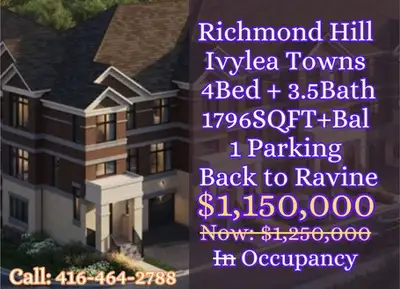 Assignment Deal in Richmond Hill | Ivylea Townhouse! 4 Beds + 3.5 Baths 1,796 Sqft 1 Parking Located...