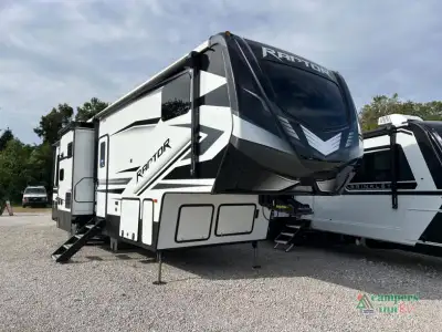 Keystone Raptor toy hauler 354 highlights: Patent-Pending Windshield 13' Separate Garage Loft w/Twin...