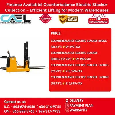 Finance! New CAEL Counterbalance Electric Stacker Collection CERTFIED & WARRANTY INCLUDED 9,099 The...