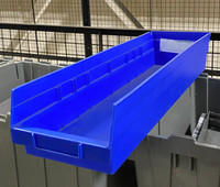 Used stackable plastic storage bins for 24” deep shelving