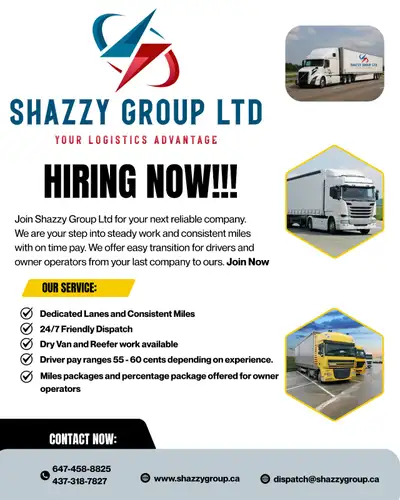 Hiring AZ Drivers for Canada only, Midwest US and TX Runs, View more