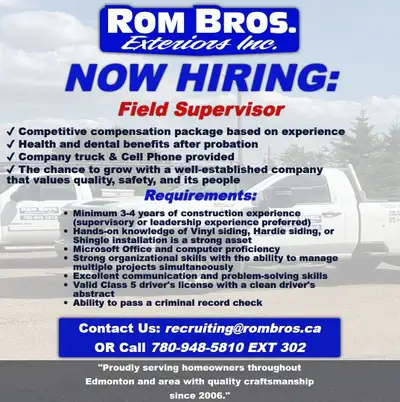 Now Hiring: Field Supervisor – Siding & Roofing -Edmonton, View more