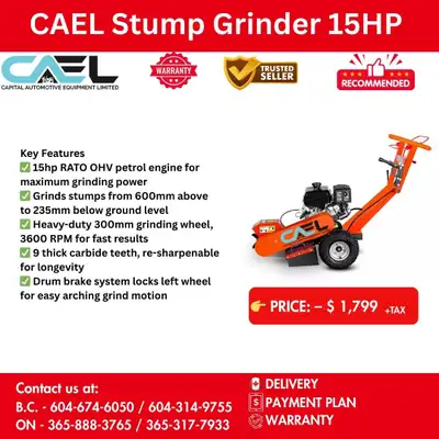 Finance ! New Mobile CAEL Stump Grinder CERTFIED & WARRANTY INCLUDED $1,799 The CAEL Stump Grinder 1...
