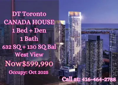 ! – 1 Bed + Den, 1 Bath ONLY $599K! 632 sqft | 170 sqft Balcony | West View Steps to CN Tower, Lake,...