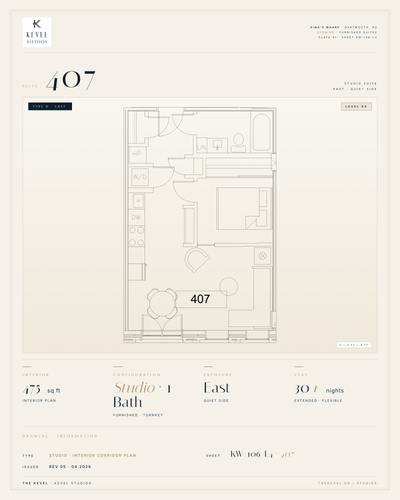 1 Bedroom Suite · 475 sq ft Kevel Studios — Suite 407 Furnished, turnkey residence at 16 Kings Wharf...