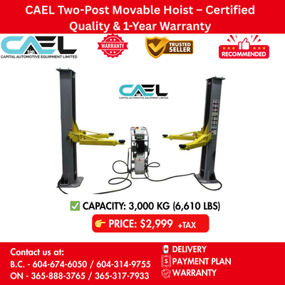New CAEL Two-Post Movable Hoist Certified & Warranty & Finance 2,999 Tax CAEL Certified Two-Post Mov...