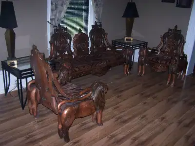 SOLD PPU A rare find in this magnificent Indian hand carved couch and 2 matching chairs Made in the...